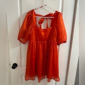Molly Green Puff Sleeve Mini Dress Red Shiny Iridescent Medium